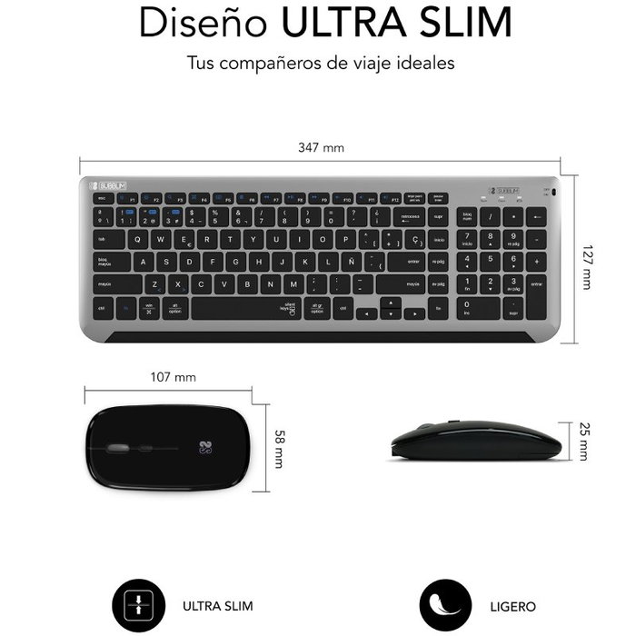 Subblim Combo Dual Prestige Extendido Gris/Negro con Teclado y Ratón Inalámbrico Bluetooth/2.4G